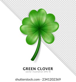 Realistic vector green clover isolated on transparent background. Cartoon trefoil as an Irish symbol, sign of luck, fortune and success. Decorative plant with leaves, shamrock for Saint Patrick Day