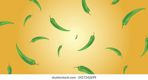 Realistic vector green peppers falling from above. Vector illustration of green chili pepper isolated on yellow background. Green pepper explosion. Many green peppers are flying in the air.