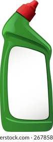 Realistic vector of green plastic cleaning bottle, red angled cap, white label, isolated background