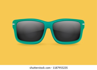 Realistic vector green sunglasses on a yellow background. Autumn banner. Sunglasses icon or silhouette. Vector design illustration.