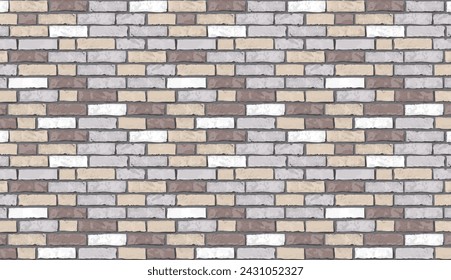 Vector realista gris beige ladrillo patrón de pared horizontal de fondo. Textura plana de pared marrón viejo. Ladrillo texturizado colorido para la impresión, papel, diseño, decoración, fondo de foto, papel pintado