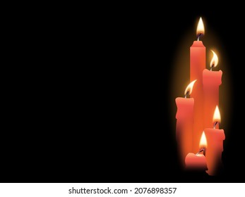 Realistic vector group of lit red candles in dark background