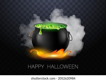 Realistic vector Halloween black witch's cauldron with green brew with eyes. Happy face Halloween pumpkin and cauldron isolated on white background.
