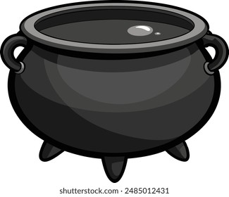 Realistic vector Halloween black witch's cauldron with green brew with eyes. Happy face Halloween pumpkin and cauldron isolated on white