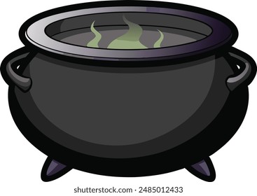 Realistic vector Halloween black witch's cauldron with green brew with eyes. Happy face Halloween pumpkin and cauldron isolated on white