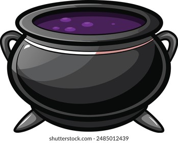 Realistic vector Halloween black witch's cauldron with green brew with eyes. Happy face Halloween pumpkin and cauldron isolated on white