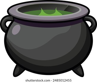 Realistic vector Halloween black witch's cauldron with green brew with eyes. Happy face Halloween pumpkin and cauldron isolated on white