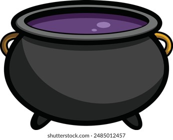 Realistic vector Halloween black witch's cauldron with green brew with eyes. Happy face Halloween pumpkin and cauldron isolated on white