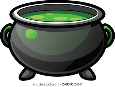 Realistic vector Halloween black witch's cauldron with green brew with eyes. Happy face Halloween pumpkin and cauldron isolated on white