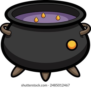 Realistic vector Halloween black witch's cauldron with green brew with eyes. Happy face Halloween pumpkin and cauldron isolated on white