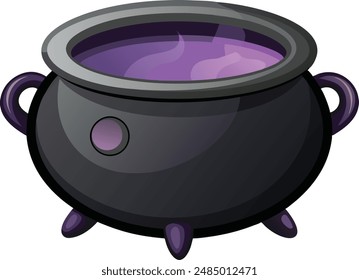 Realistic vector Halloween black witch's cauldron with green brew with eyes. Happy face Halloween pumpkin and cauldron isolated on white