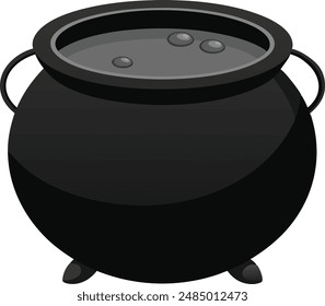 Realistic vector Halloween black witch's cauldron with green brew with eyes. Happy face Halloween pumpkin and cauldron isolated on white