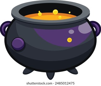 Realistic vector Halloween black witch's cauldron with green brew with eyes. Happy face Halloween pumpkin and cauldron isolated on white