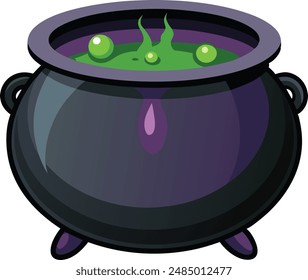 Realistic vector Halloween black witch's cauldron with green brew with eyes. Happy face Halloween pumpkin and cauldron isolated on white