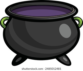 Realistic vector Halloween black witch's cauldron with green brew with eyes. Happy face Halloween pumpkin and cauldron isolated on white