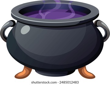 Realistic vector Halloween black witch's cauldron with green brew with eyes. Happy face Halloween pumpkin and cauldron isolated on white