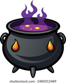 Realistic vector Halloween black witch's cauldron with green brew with eyes. Happy face Halloween pumpkin and cauldron isolated on white