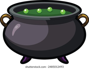 Realistic vector Halloween black witch's cauldron with green brew with eyes. Happy face Halloween pumpkin and cauldron isolated on white