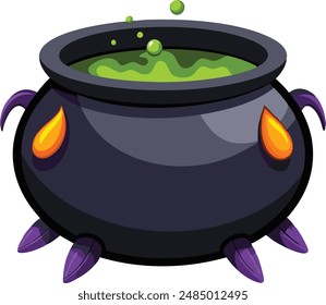 Realistic vector Halloween black witch's cauldron with green brew with eyes. Happy face Halloween pumpkin and cauldron isolated on white