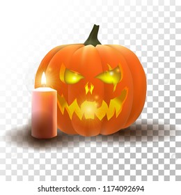 realistic vector halloween pumpkin with candle on transparent background