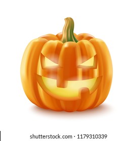 Realistic vector Halloween pumpkin with candle inside. Vector