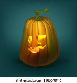 Realistic vector Halloween pumpkin with candle inside. Happy face Halloween pumpkin isolated on green blue background.. Vector Eps 10