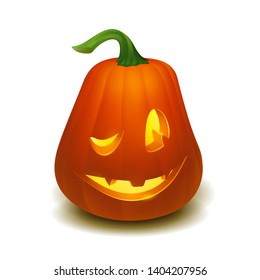 Realistic vector Halloween pumpkin with candle inside. Happy face Halloween pumpkin isolated on white background.