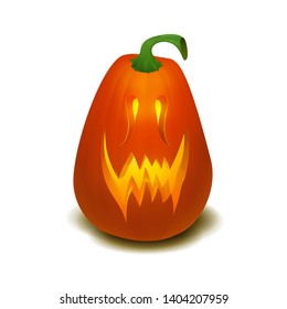 Realistic vector Halloween pumpkin with candle inside. Happy face Halloween pumpkin isolated on white background.