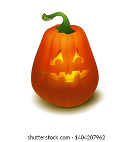 Realistic vector Halloween pumpkin with candle inside. Happy face Halloween pumpkin isolated on white background.