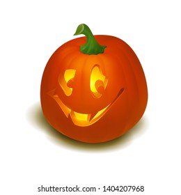 Realistic vector Halloween pumpkin with candle inside. Happy face Halloween pumpkin isolated on white background.