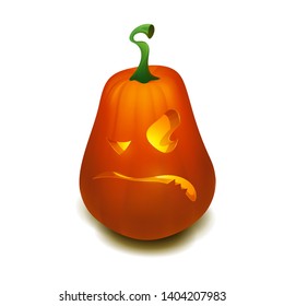 Realistic vector Halloween pumpkin with candle inside. Happy face Halloween pumpkin isolated on white background.