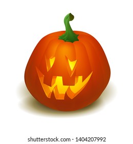 Realistic vector Halloween pumpkin with candle inside. Happy face Halloween pumpkin isolated on white background.