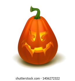 Realistic vector Halloween pumpkin with candle inside. Happy face Halloween pumpkin isolated on white background.