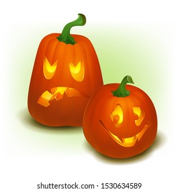 Realistic vector Halloween pumpkin with candle inside. Happy face Halloween pumpkin isolated on white background. Eps10