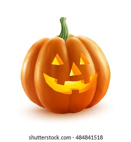 Realistic vector Halloween pumpkin with candle inside. Happy face Halloween pumpkin isolated on white background.