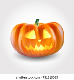 Realistic vector Halloween pumpkin with candle inside.