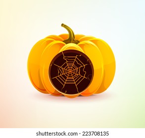 Realistic vector Halloween pumpkin with a carved web of it. 