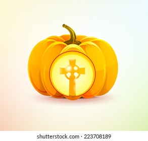 Realistic vector Halloween pumpkin with a carved web of it. Web Autumn. Icon Image Picture Illustration Printed material Logo 