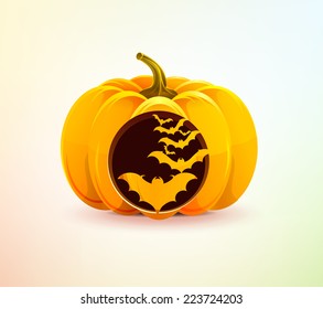 Realistic vector Halloween pumpkin with a carved bats flying of it. Autumn. Icon Image Picture Illustration Printed material Logo 