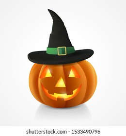 Realistic vector Halloween pumpkin and hat cap with lighting inside. Transparent shadows. Happy face Halloween pumpkin isolated on glowing yellow background