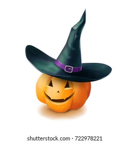 Realistic vector Halloween pumpkin with hat. Smile face isolated on white background. Jack o lantern hyperrealism illustration.