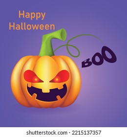 Realistic vector Halloween pumpkin with lights inside. Halloween pumpkin with evil glowing eyes on lilac background