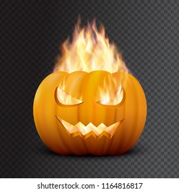 Realistic vector Halloween Pumpkin with scary face. Burning Jack o lantern isolated on transparent background.