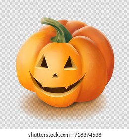 Realistic vector Halloween pumpkin. Smile face isolated on transparency grid background. Jack o lantern hyperrealism illustration.