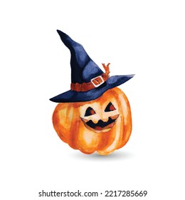 Vector realista de la calabaza de Halloween con sombrero de bruja violeta. Cara feliz calabaza de Halloween aislada en fondo blanco, calabaza oval de color naranja puro
