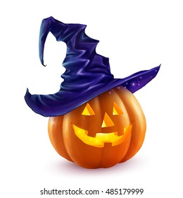 Realistic vector Halloween pumpkin in violet witch's hat. Happy pumpkin face isolated on white background