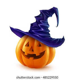 Realistic vector Halloween pumpkin in violet witch's hat. Happy face Halloween pumpkin isolated on white background