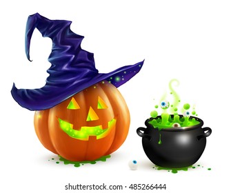 Realistic vector Halloween pumpkin in violet witch's hat and black witch's cauldron with green brew with eyes. Happy face Halloween pumpkin and cauldron isolated on white background.