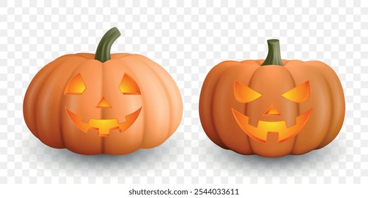 Realistic Vector Halloween Pumpkins with Carved Faces. Jack-O'-Lanterns Set for Halloween Decor. Detailed Pumpkin Illustrations for Festive Design, Icons, Templates