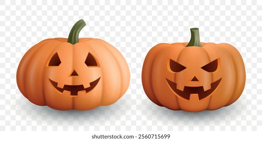 Realistic Vector Halloween Pumpkins with Carved Faces. Jack-O'-Lanterns Set for Halloween Decor. Detailed Pumpkin Illustrations for Festive Design, Icons, Templates